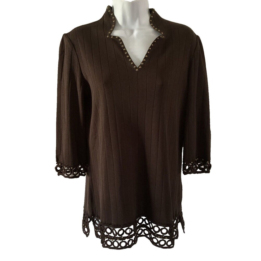 Ming Wang Knit Top Womens Small Brown Acrylic 3/4 Sleeve Studded Tunic